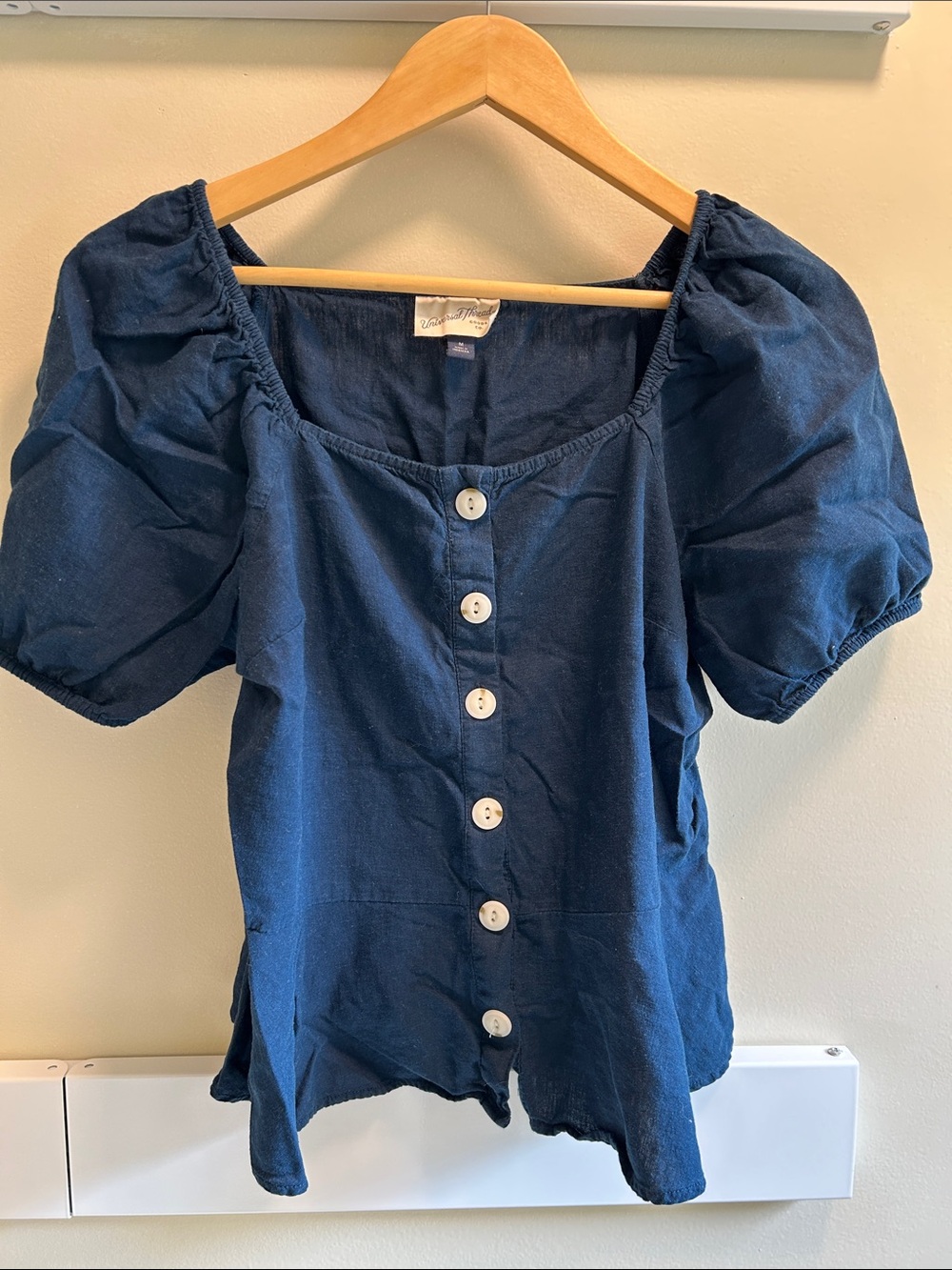Universal Thread Navy Puff Sleeve Button-Front Top